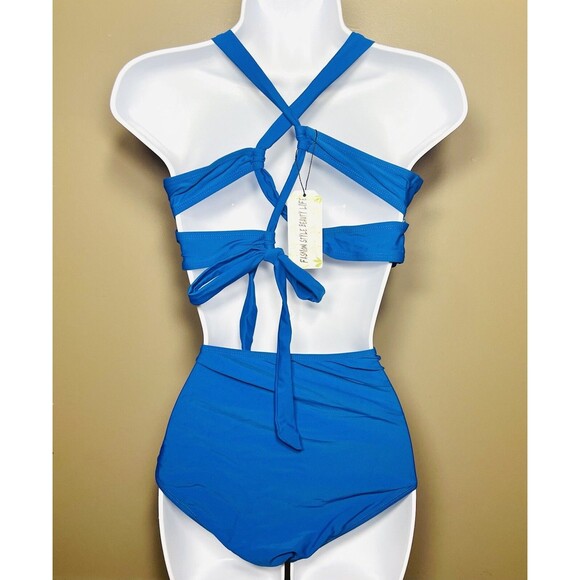 Women's Halter Top Ruched Bikini Blue Two Piece Bathing Suit - Large - Picture 3 of 3